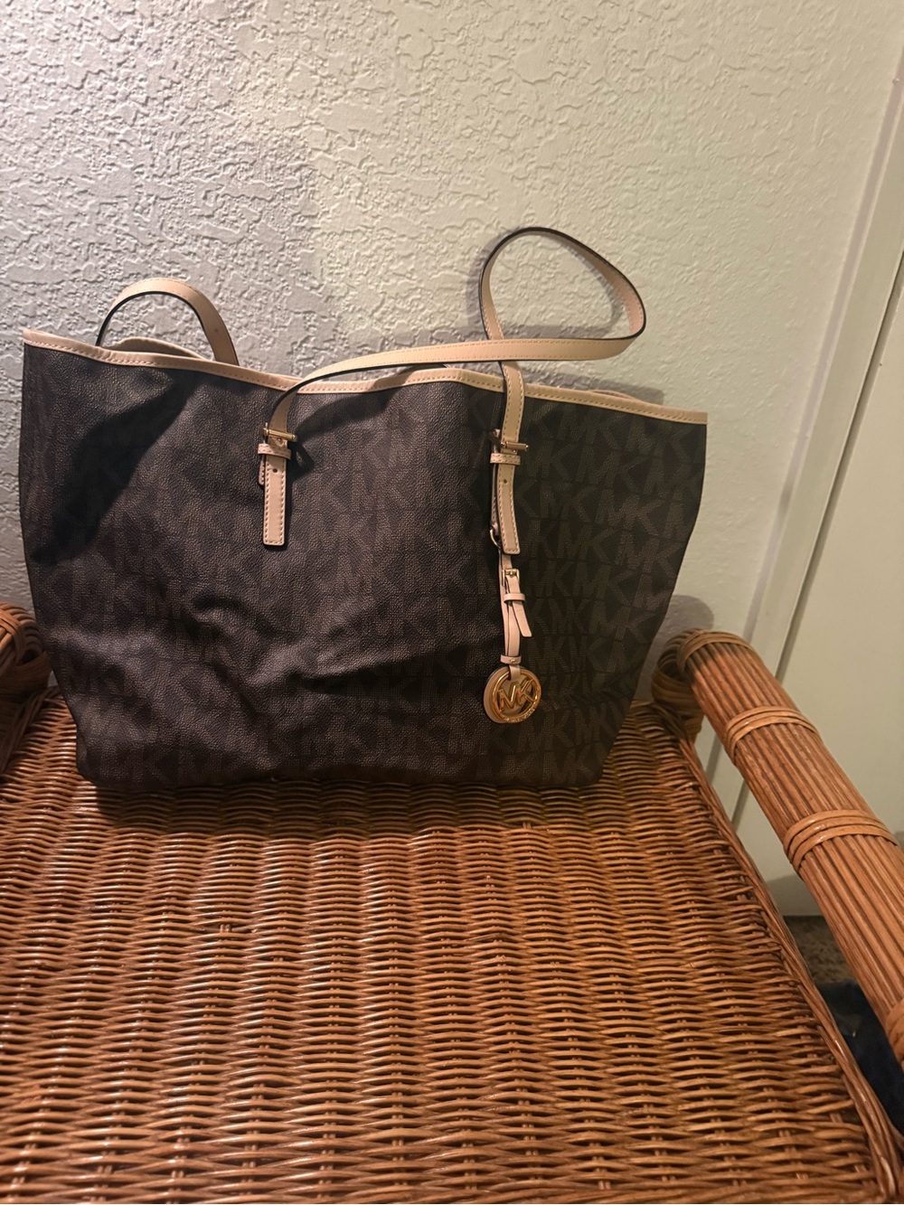 Michael Kors Brown MK Logo Tote with Vanilla Trim and Gold Charm
